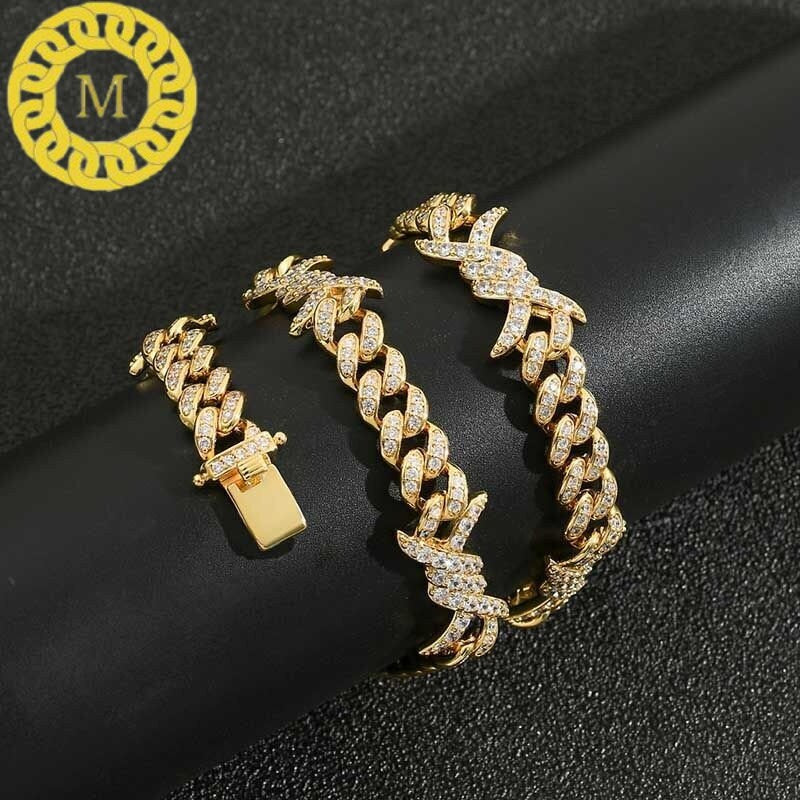 12mm barb wire cuban link chain With 14k White Gold Finished In Sterling Silver 925, VVS1 Moissanite,16"-28'' ,Pass The Diamond Tester
