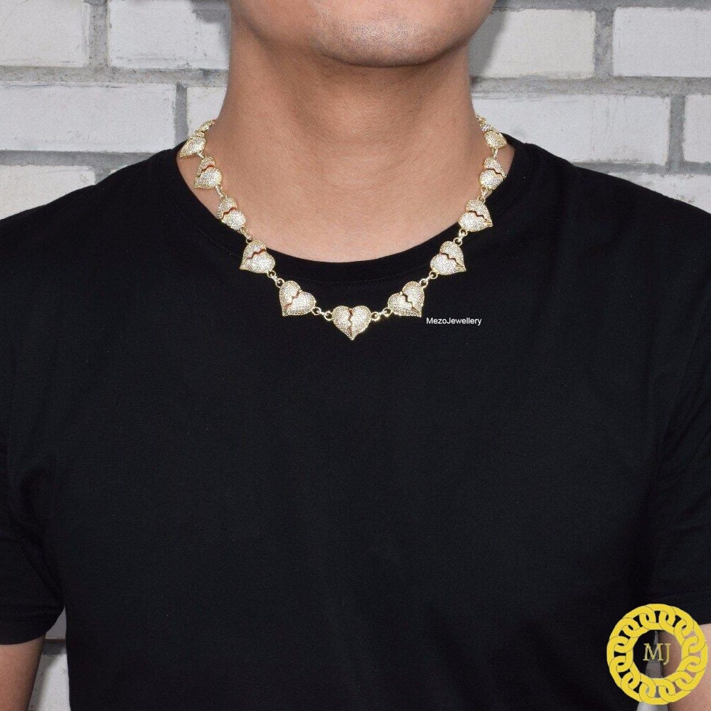 Iced Out Broken Heart Cuban Link Necklace  Solid 925 Sterling Silver VVS1 Moissanite Diamonds Studded Cuban Chain,Rapper chains,12mm wide