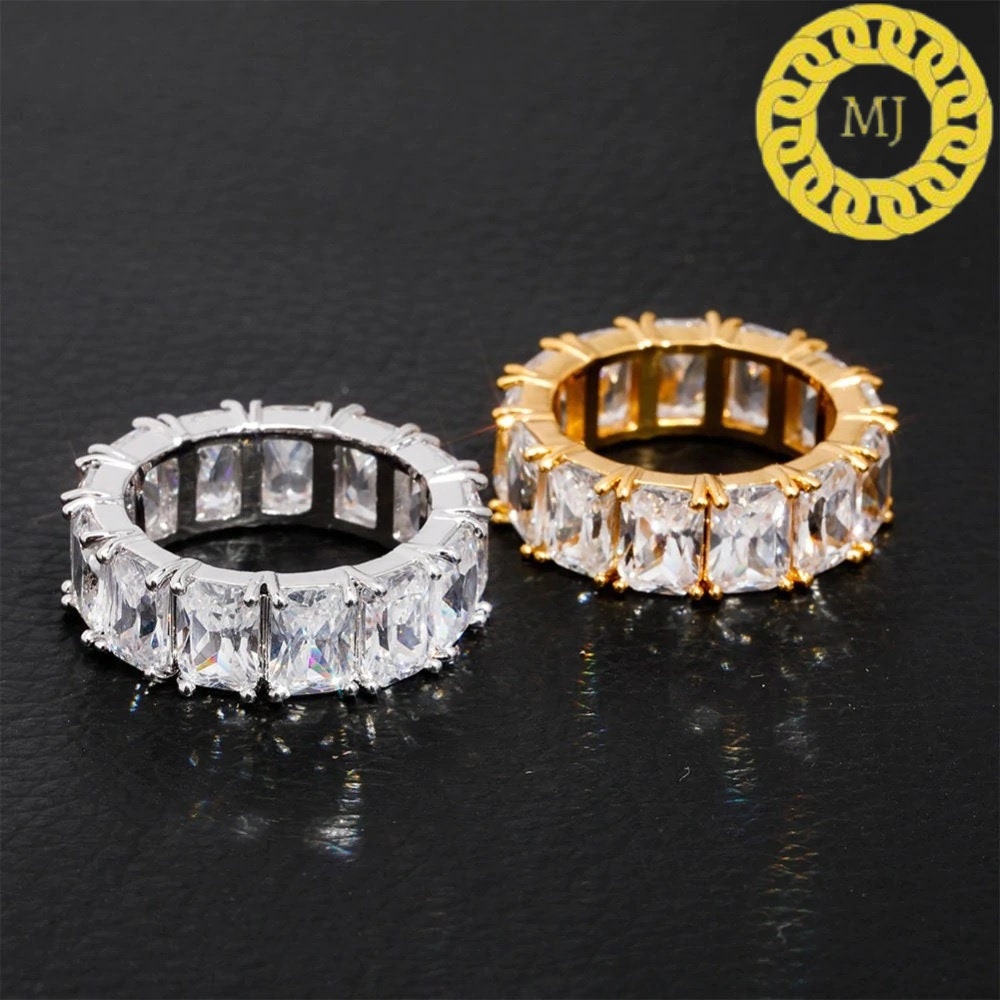 8mm 925 Sterling Silver Emerald Cut Baguette Eternity Ring VVS Moissanite Iced Out Rings,Icy infinity band, Rapper ring,Hiphop band