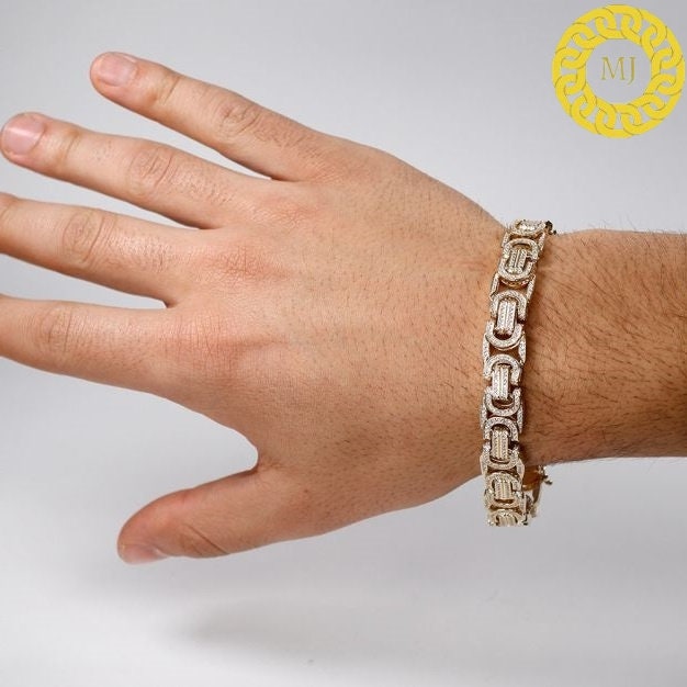 Heavy Solid 925 Sterling Silver | VVS1 Moissanite Diamonds Studded 12 mm flat Byzantine Bracelet | 18k Gold plated Iced Out Bracelet