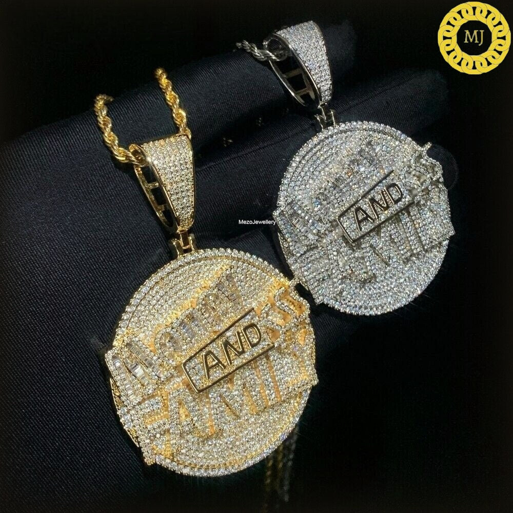 925 Silver Money And Family Luxury Round Disc Edition Pendant, Hip Hop Jewelry, Iced Out Pendant, Rope Chain, Never Fade or Rust, Shine