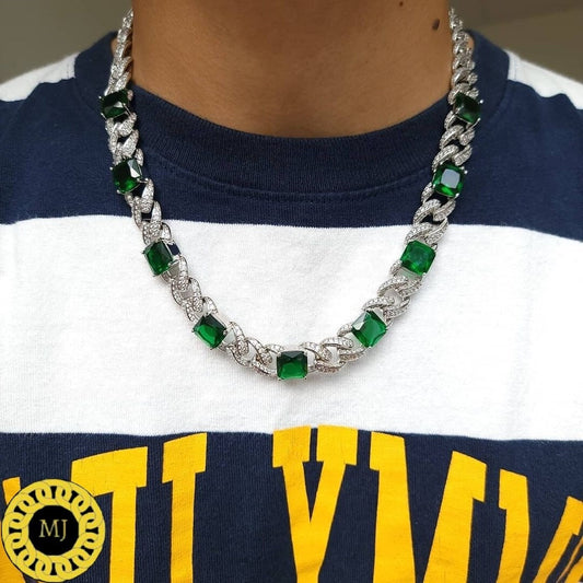 Super Icedout 12 mm Emerald Cuban Chain - Ice VVS Moissanite Cuban Necklace- Square Emerald Rapper chain - Heavy Cuban Necklace- Link Chain