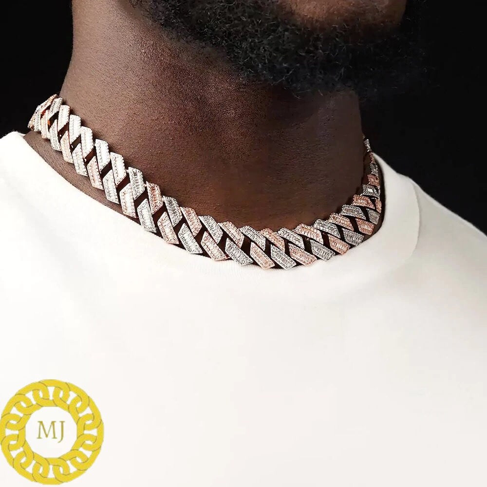 Heavy Solid 925 Sterling Silver Men's VVS1 Moissanite Baguette Studded Cuban Chain,Icedout Rapper chains,18mm wide, Quality Box Clasp