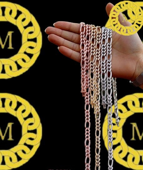 10MM VVS1 Moissanite Diamond Miami Cuban Figaro Chain With 14k White Gold Finished In Sterling Silver 925,16"-26'' ,Pass The Diamond Tester