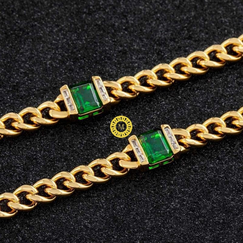 8mm Emerald Moissanite Miami Cuban Link Chain | Solid 925 Sterling Silver |Green hop hop Chain  | GRA certified VVS1 D Colour
