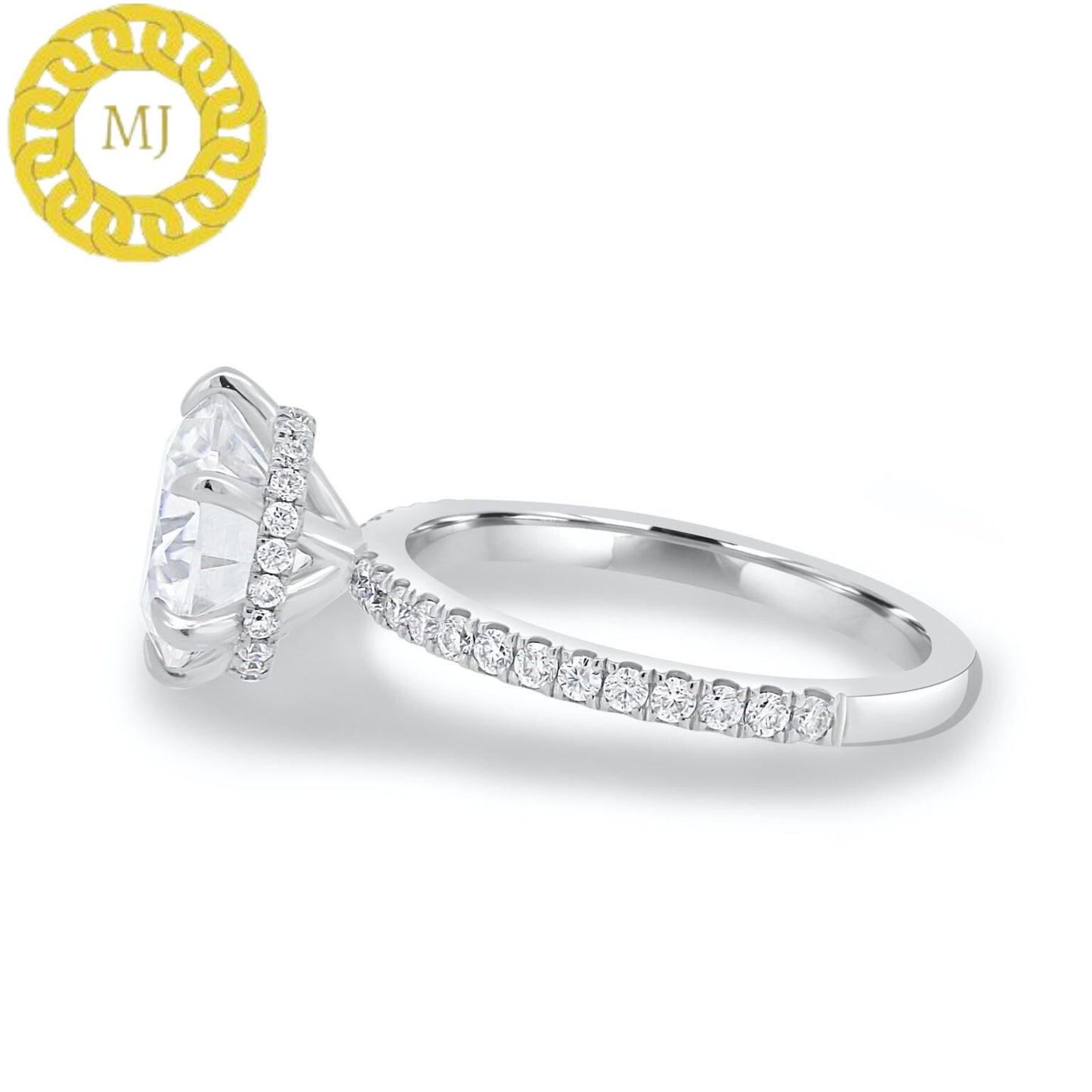 stunning 10mm Round cut Moissanite Diamond ring in 6 claw setting with a gorgeous wrap around Hidden Halo,finished by 2mm Pavé band