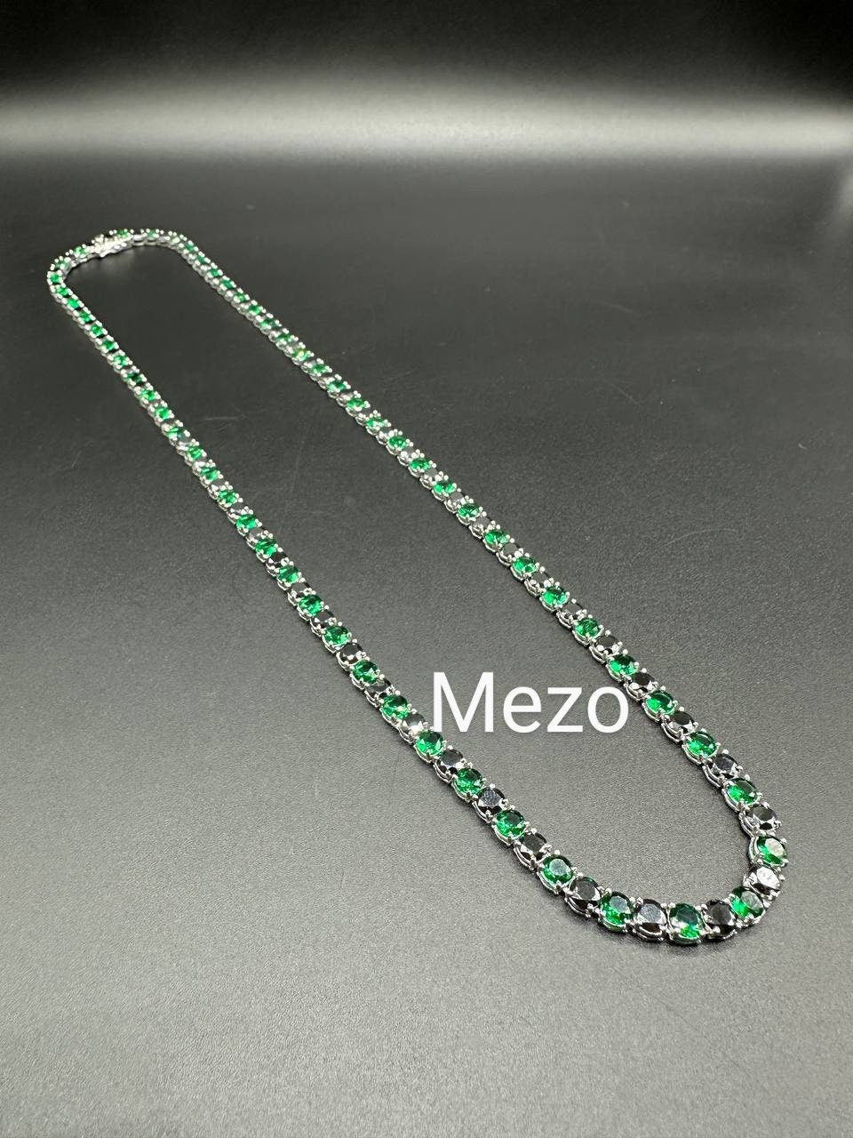 Emerald and black diamond Tennis Necklace,SOLID 14 k Gold Iced Out Tennis Chain Single Row 16"-30",Black and green unique Necklace