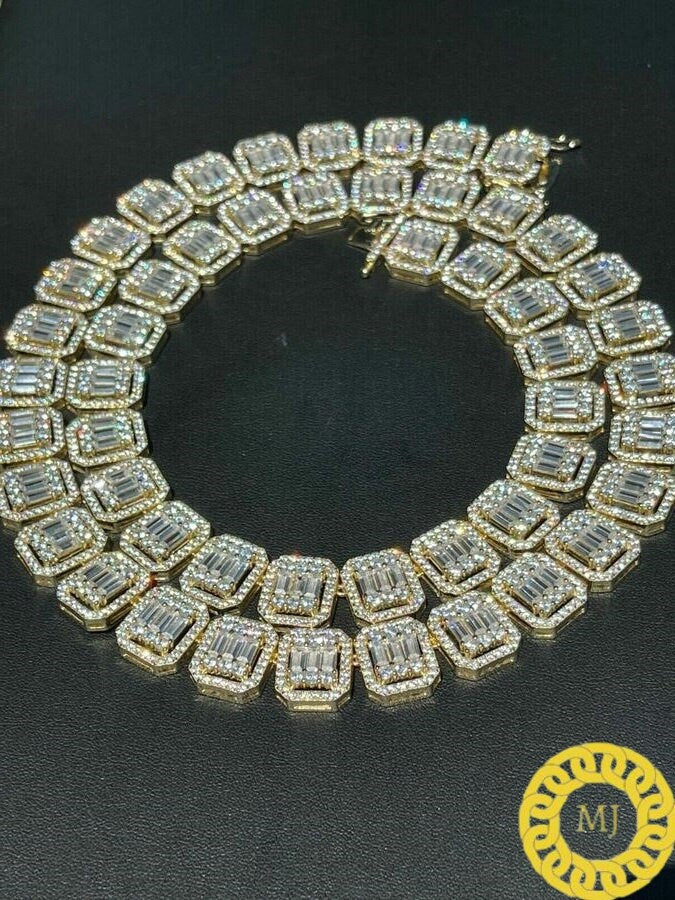 925 Silver Baguette Chain 12mm Men's Iced Diamond Necklace- Moissanite Necklace- Cool Rapper chain-Icy Necklace- Pass The Diamond Tester