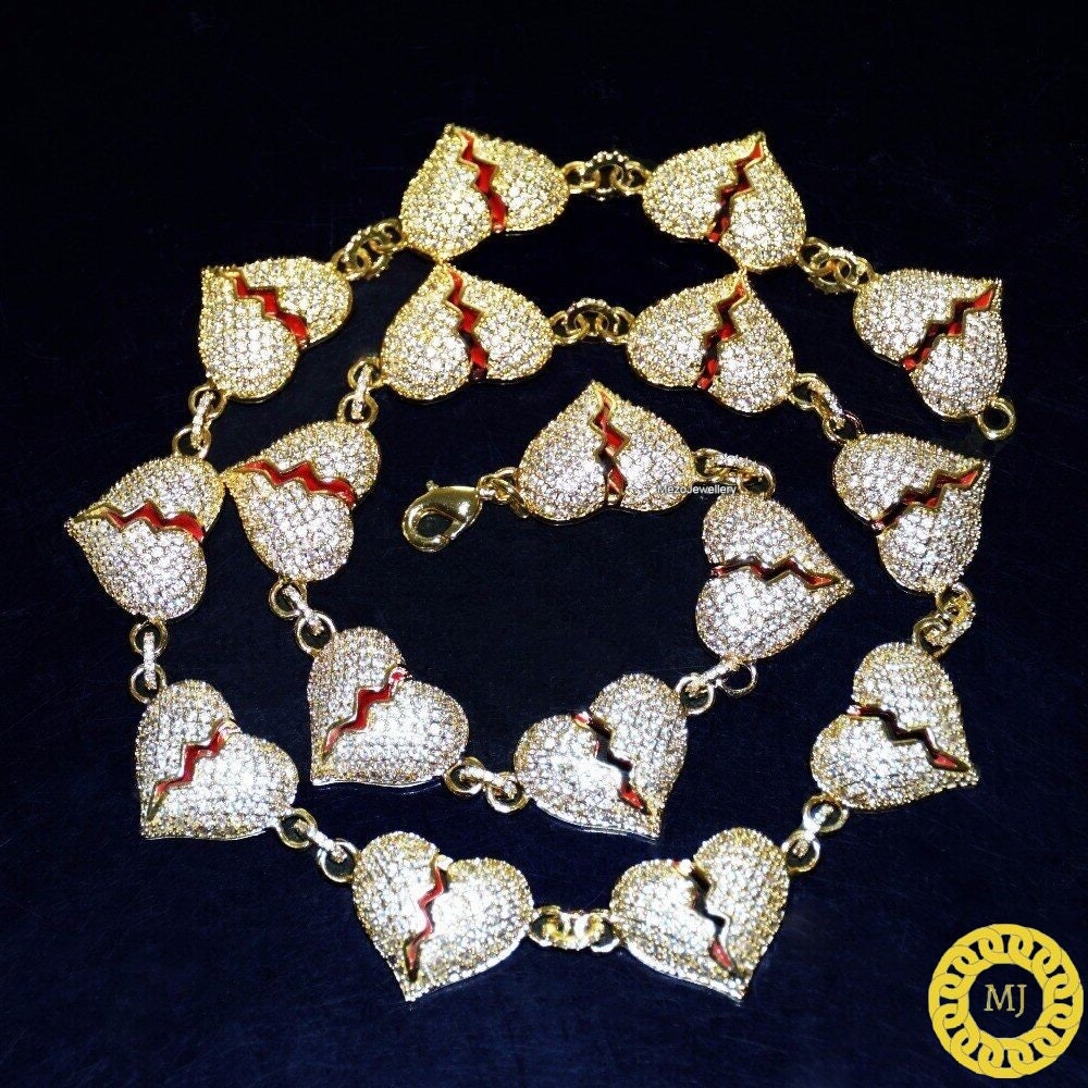 Iced Out Broken Heart Cuban Link Necklace  Solid 925 Sterling Silver VVS1 Moissanite Diamonds Studded Cuban Chain,Rapper chains,12mm wide