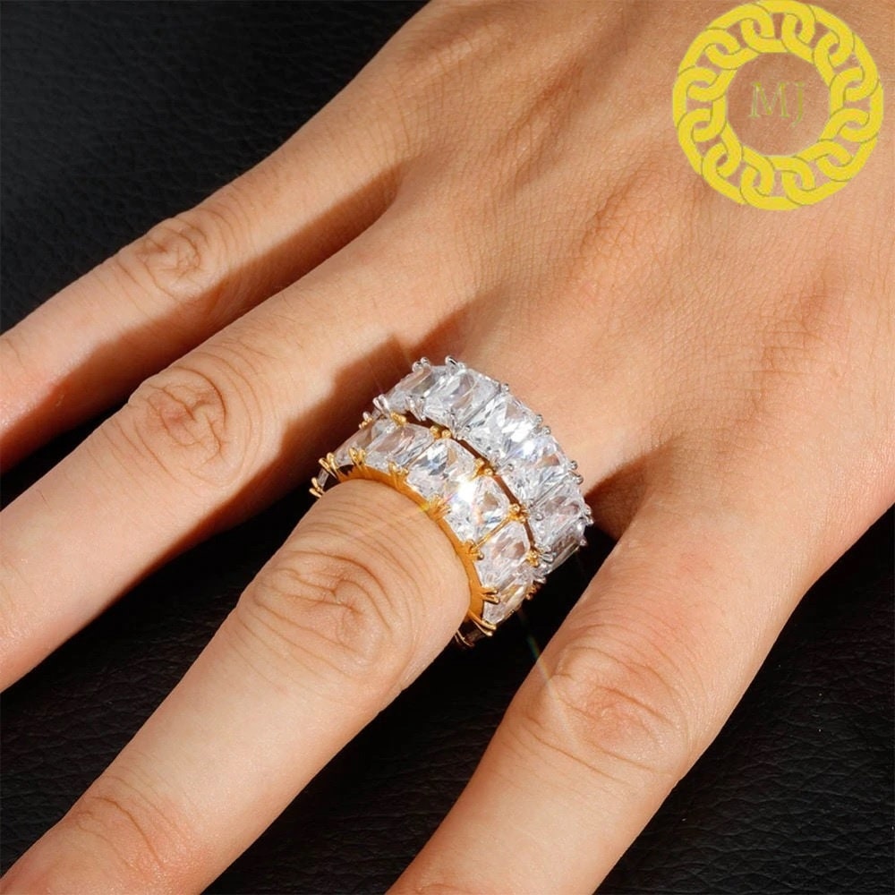 8mm 925 Sterling Silver Emerald Cut Baguette Eternity Ring VVS Moissanite Iced Out Rings,Icy infinity band, Rapper ring,Hiphop band
