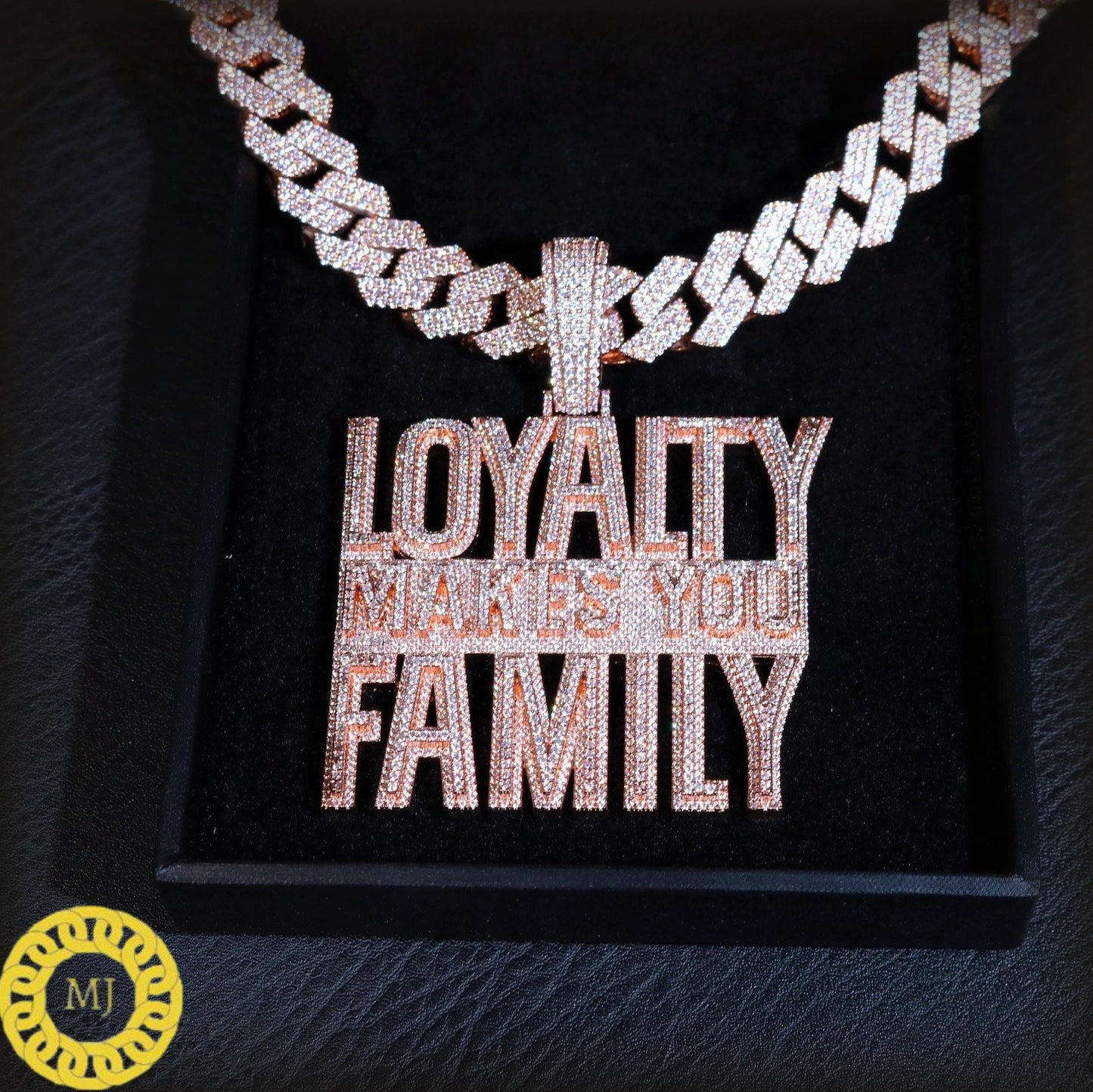 Full Icedout loyalty Makes You Family Necklace , 14k Gold Finish Moissanite Diamond Hip Hop Charm Pendant in 925 silver w/ Rope Chain,