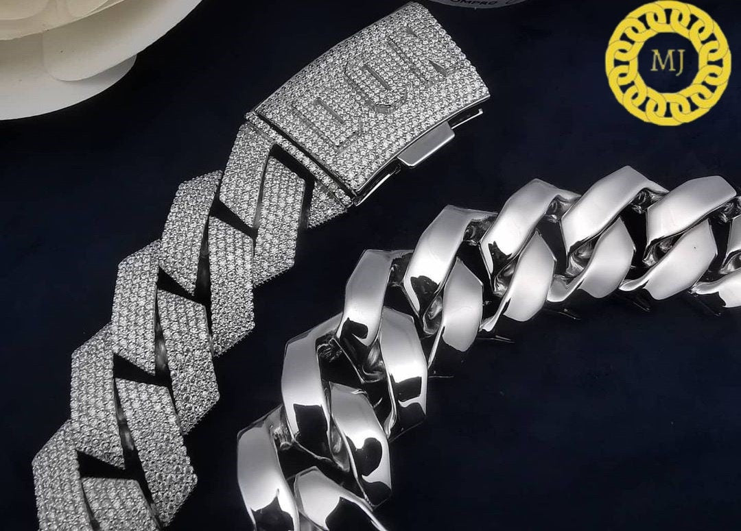 Moissanite Iced Out Prong Miami Cuban Curb Chain,26 mm Miami Curb Necklace,925 Silver Iced Out Miami Curb Chain, Diamond Moissanite Chain