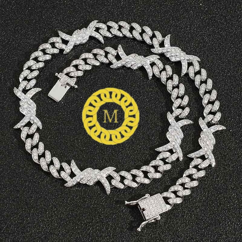 12mm barb wire cuban link chain With 14k White Gold Finished In Sterling Silver 925, VVS1 Moissanite,16"-28'' ,Pass The Diamond Tester
