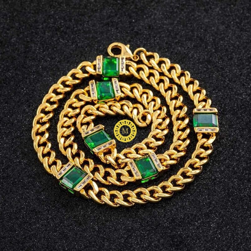 8mm Emerald Moissanite Miami Cuban Link Chain | Solid 925 Sterling Silver |Green hop hop Chain  | GRA certified VVS1 D Colour