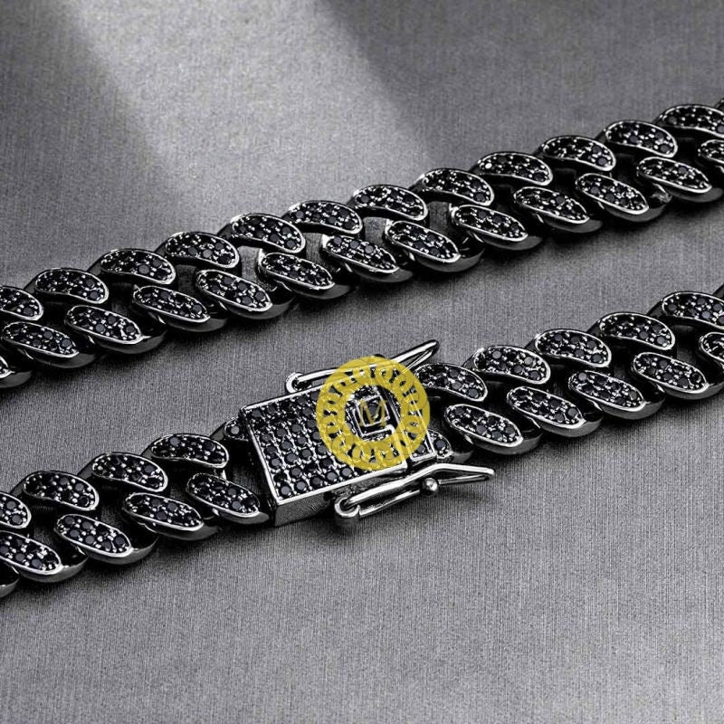 12mm Black VVS1 Quality Moissanite Cuban chain | 925 Solid Sterling Silver | Silver Oxidised | Cuban Curb Link Chain | Special Box Closure