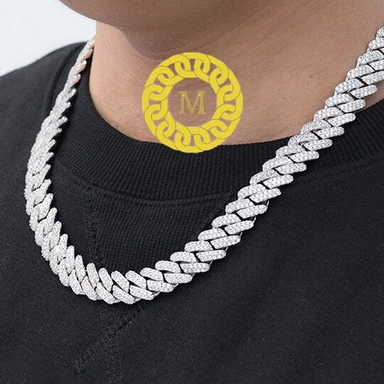 12MM VVS1 Moissanite Diamond Miami Cuban Chain With 14k White Gold Finished In Sterling Silver 925 , 16 - 26'' ,Pass The Diamond Tester