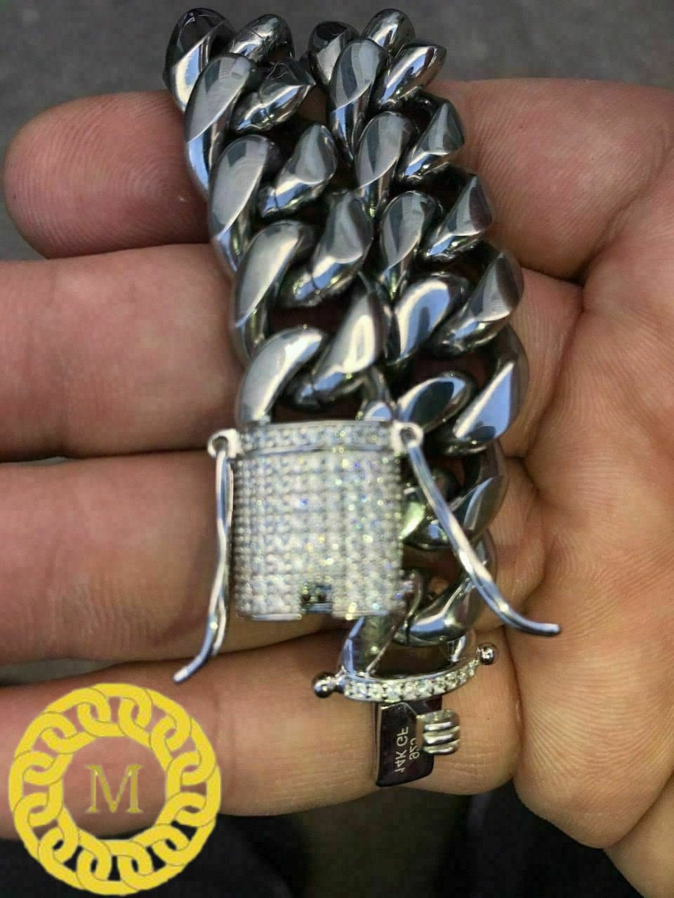 Heavy Solid 925 Sterling Silver Men's Miami Cuban curb Chain Necklace Anti-Tarnish, 14mm wide 18"-26" Inch Hop with Moissanite Diamond Clasp