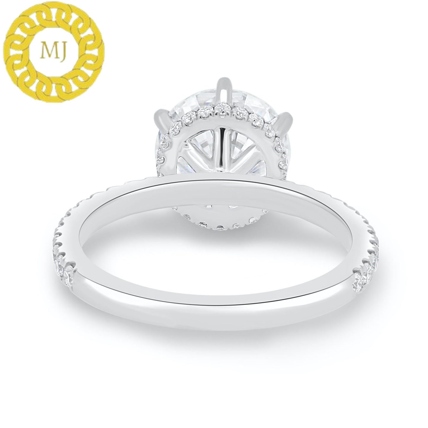 stunning 10mm Round cut Moissanite Diamond ring in 6 claw setting with a gorgeous wrap around Hidden Halo,finished by 2mm Pavé band
