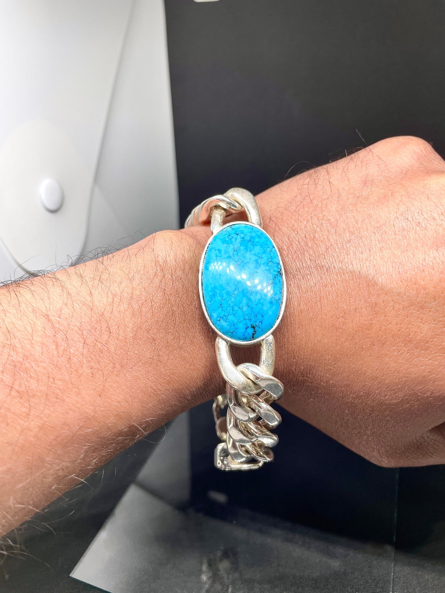 turquoise figaro Chain Bracelet, 925 Sterling Silver Cabochon Men's Jewelry December Birthstone,heavy Figaro silver Bracelet,Gifts for him