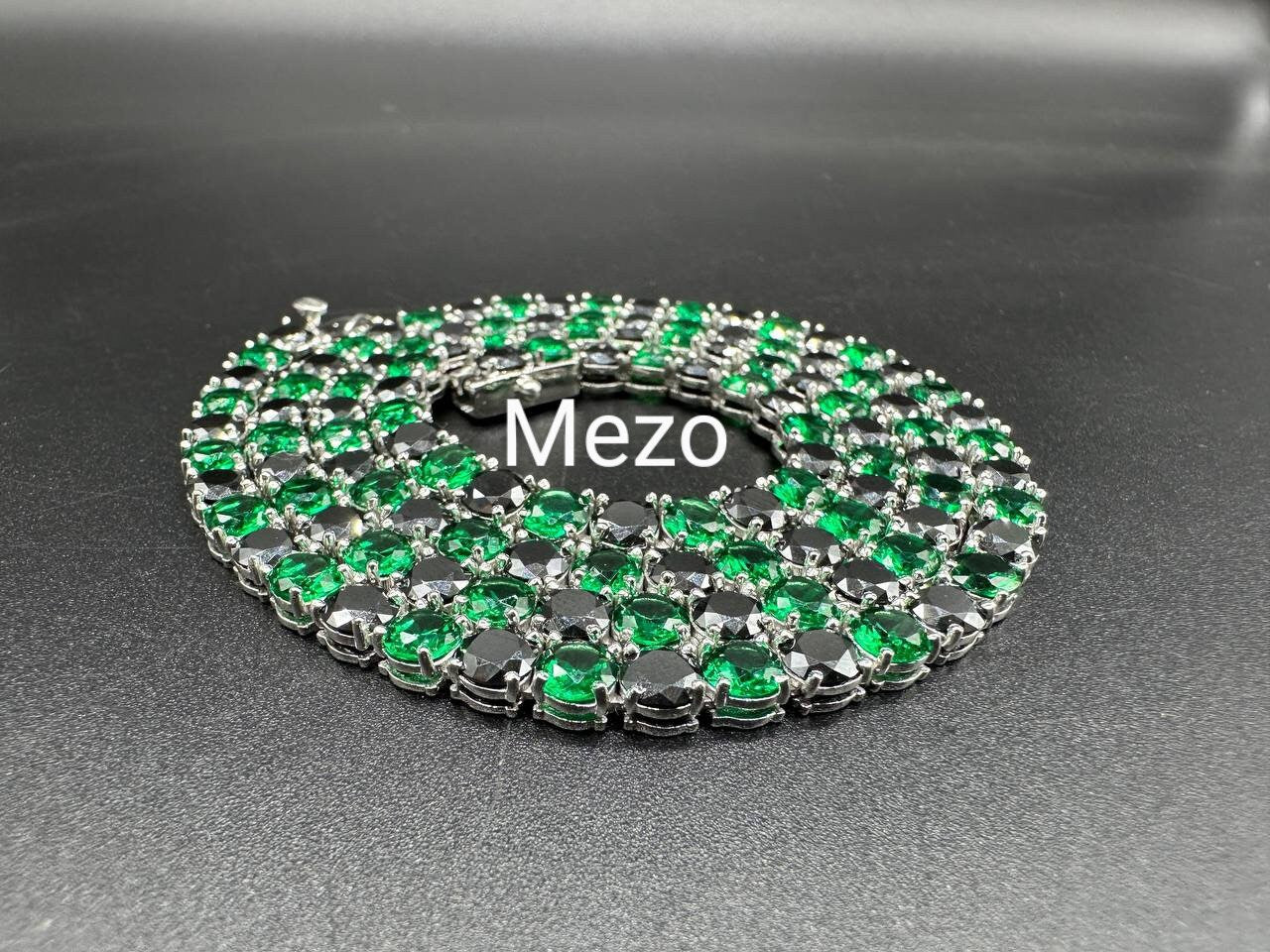Emerald and black diamond Tennis Necklace,SOLID 14 k Gold Iced Out Tennis Chain Single Row 16"-30",Black and green unique Necklace