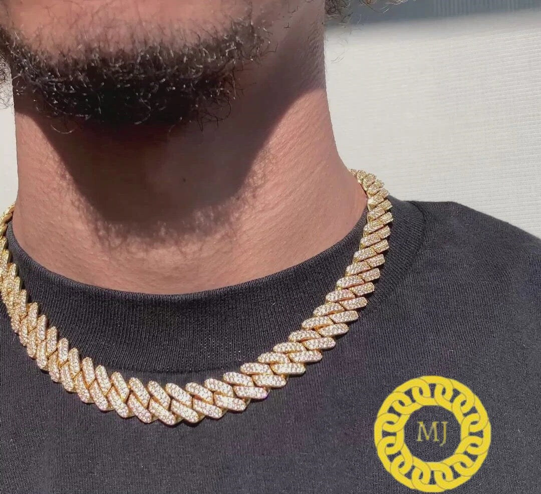 Moissanite Iced Out Prong Miami Cuban Curb Chain,14 mm Miami Curb Necklace,925 Silver Iced Out Miami Curb Chain, Diamond Moissanite Chain