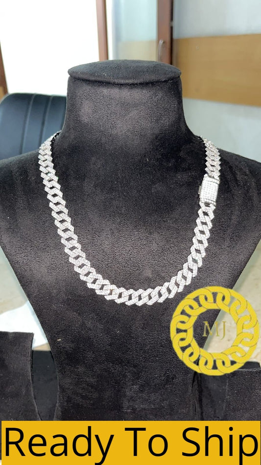 12MM VVS1 Moissanite Diamond Miami Cuban Chain With 14k White Gold Finished In Sterling Silver 925 , 20'' ,Pass The Diamond Tester