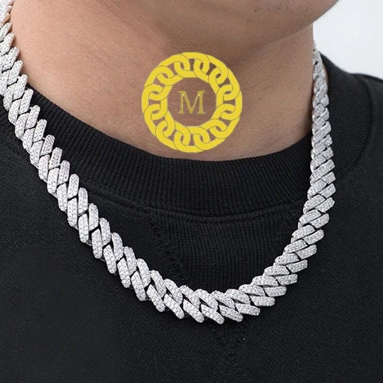 12MM VVS1 Moissanite Diamond Miami Cuban Chain With 14k White Gold Finished In Sterling Silver 925 , 16 - 26'' ,Pass The Diamond Tester