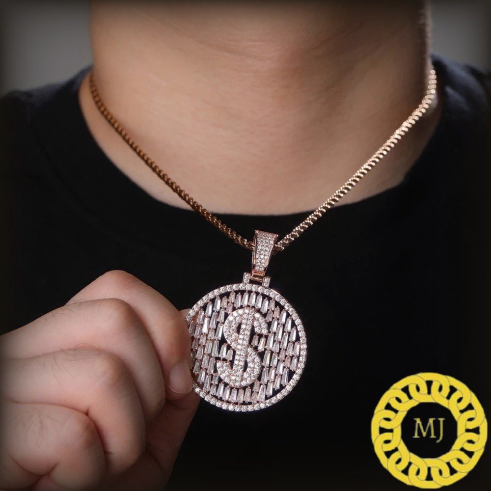 Men's Solid 925 Sterling Silver Iced Out Dollar Sign Money Pendant Baguette Diamond* Hip Hop Rapper Chain Necklace 16" - 30" Rope chain 4 mm