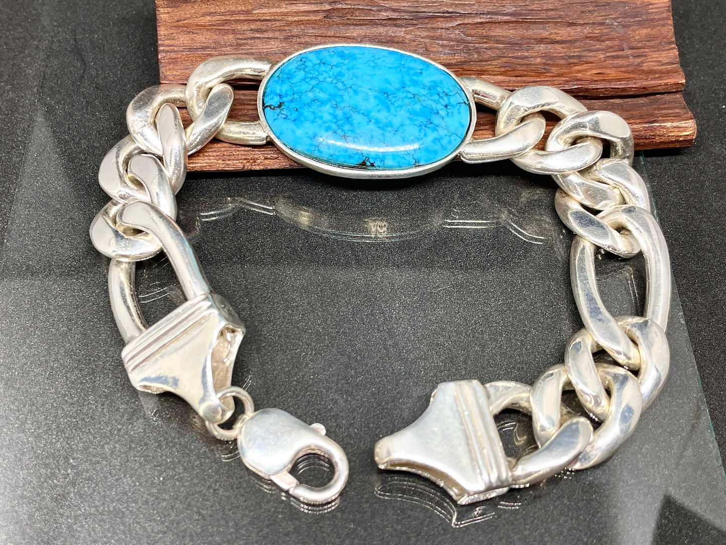 turquoise figaro Chain Bracelet, 925 Sterling Silver Cabochon Men's Jewelry December Birthstone,heavy Figaro silver Bracelet,Gifts for him