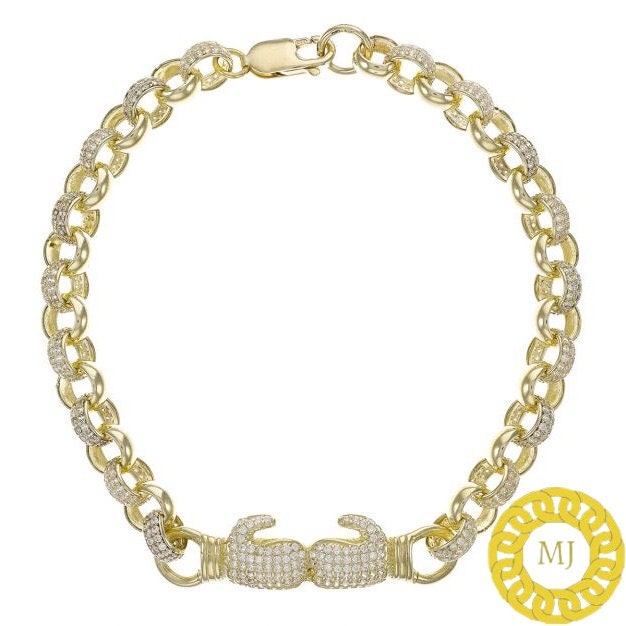 Double boxing glove Bracelet | VVS1 Moissanite Diamonds Studded |Rolo Bracelet-8 mm wide 6-9 Inch" | 18k Gold plated Iced Out Bracelet