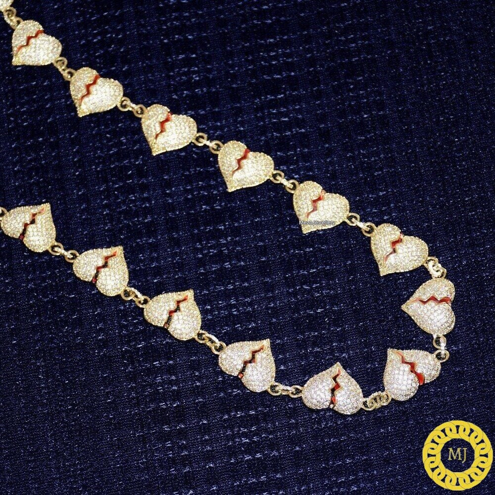 Iced Out Broken Heart Cuban Link Necklace  Solid 925 Sterling Silver VVS1 Moissanite Diamonds Studded Cuban Chain,Rapper chains,12mm wide