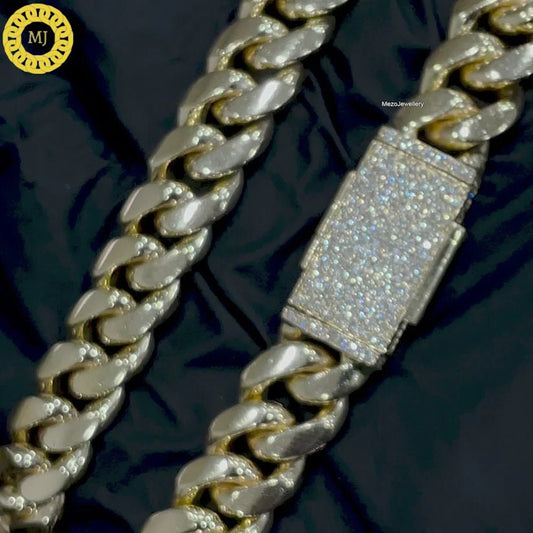 10 mm Miami Cuban Link Chain Heavy Solid 925 Sterling Silver 14K Gold Plated Curb Chain For Men And Women Hip Hop Chain, Icedout clasp lock