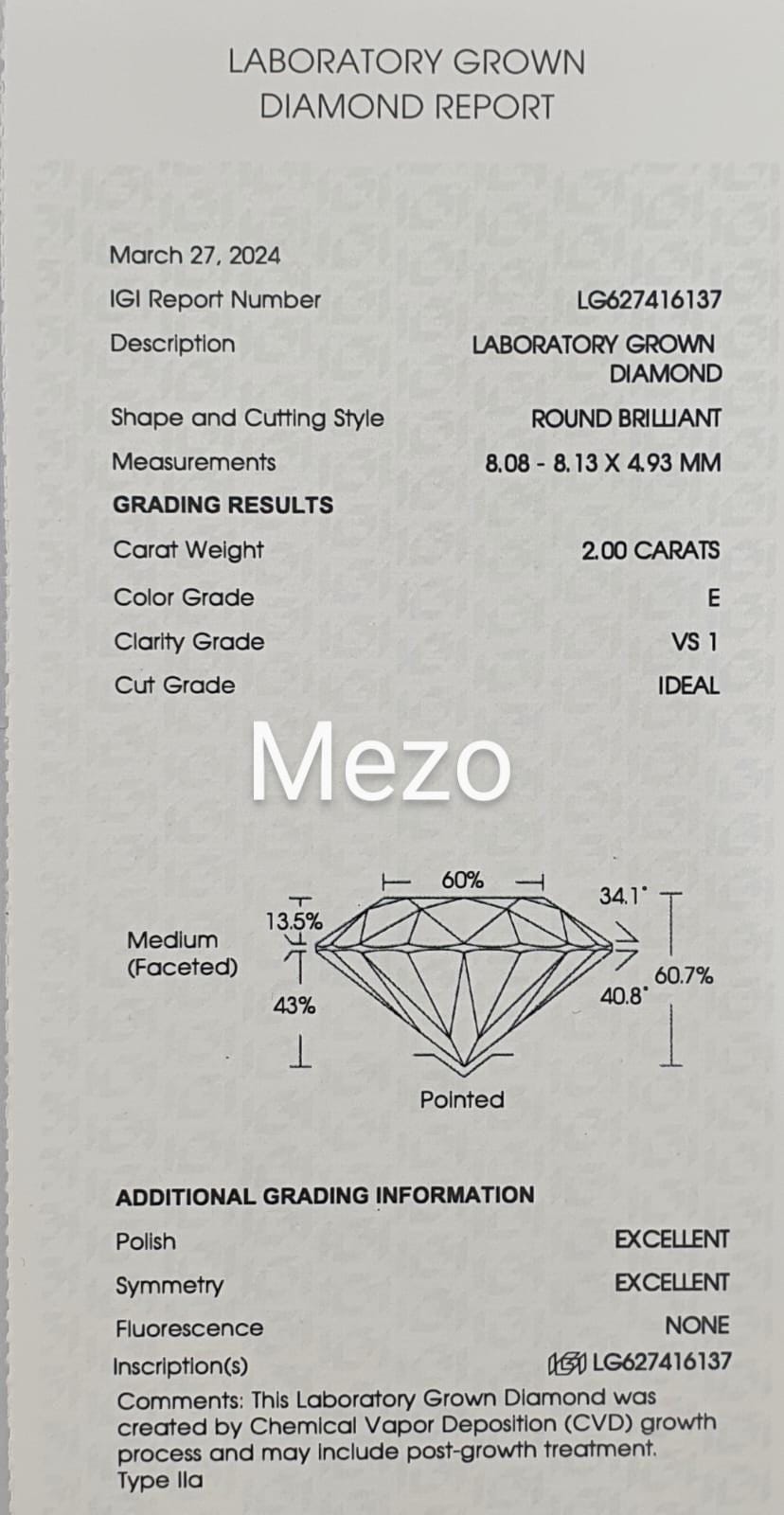 IGI Certified 2.00 Carat Round Brilliant Cut Lab Grown CVD Diamond E VVS1 ,14k Gold ring 6 Prong Solitaire Engagement ring, Anniversary Ring
