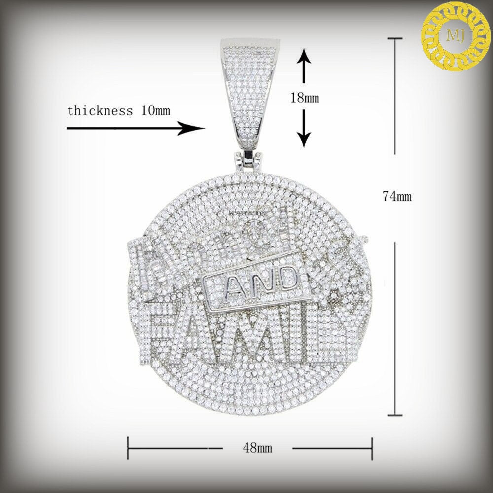 925 Silver Money And Family Luxury Round Disc Edition Pendant, Hip Hop Jewelry, Iced Out Pendant, Rope Chain, Never Fade or Rust, Shine