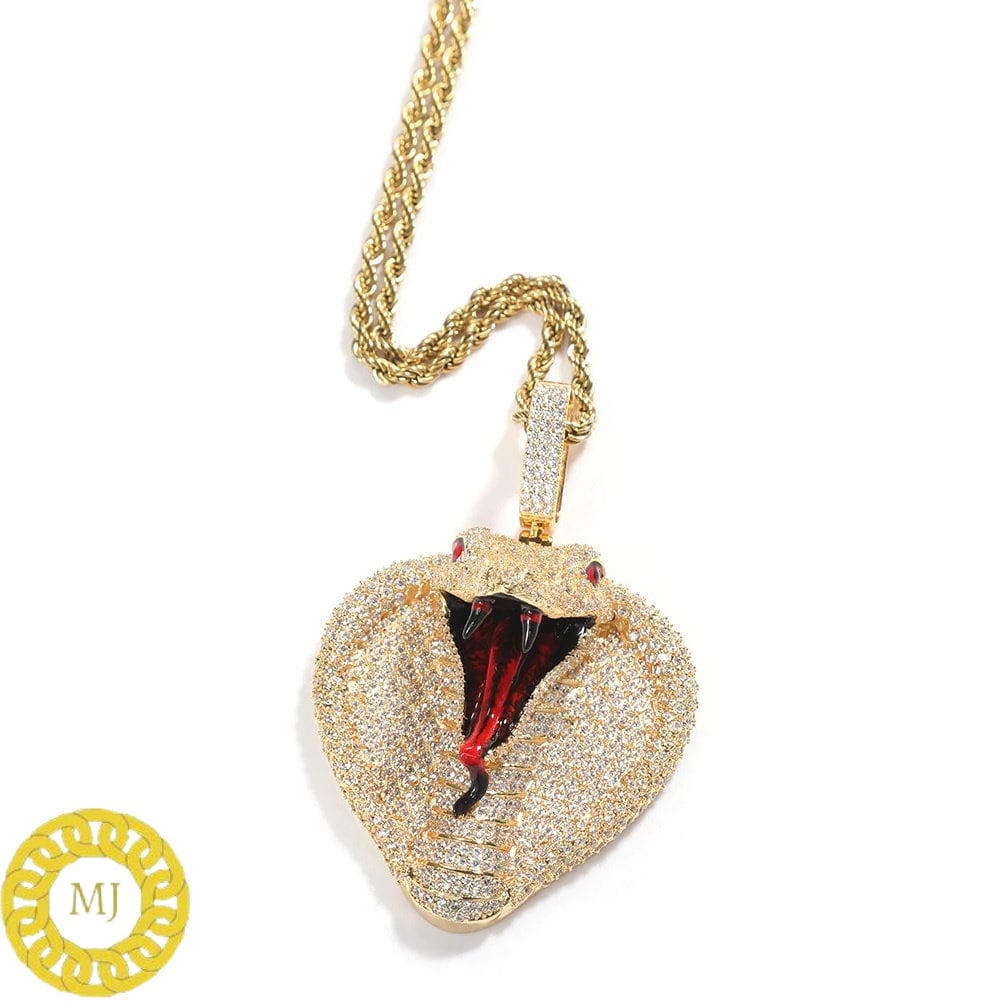Hip Hop VVS 3d Moissanite Cobra Snake Necklace,Iced Out Big Bail Red Tongue Snake Pendant Chain,with Free Rope Chain,Birthday Gifts for him