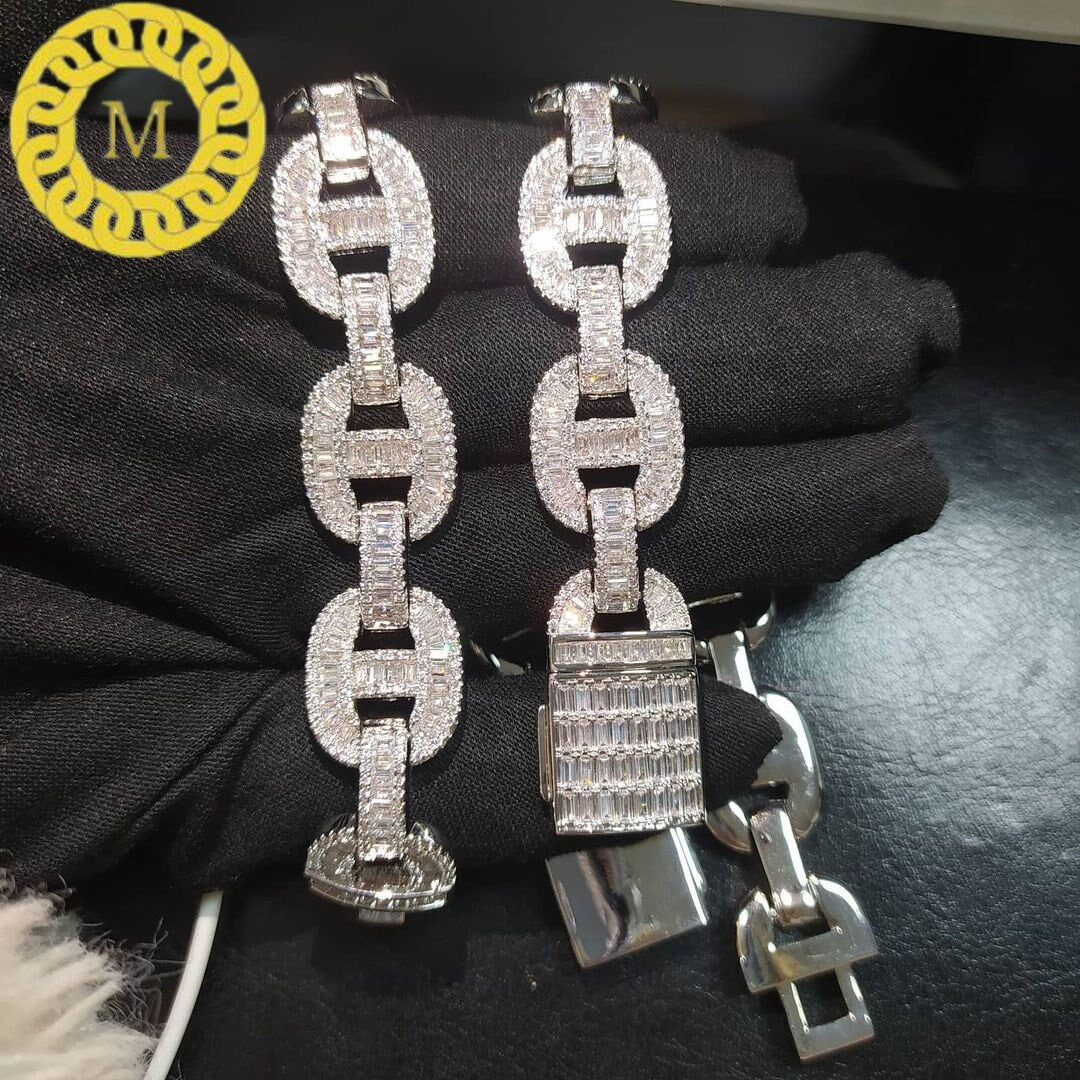 16mm Baguette Mariner Bust Down Chain Real Iced out VVS1 Moissanite Diamond With 14k White Gold Finished In Sterling Silver 925 ,16 - 26 ..