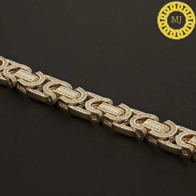 Heavy Solid 925 Sterling Silver | VVS1 Moissanite Diamonds Studded 12 mm flat Byzantine Bracelet | 18k Gold plated Iced Out Bracelet