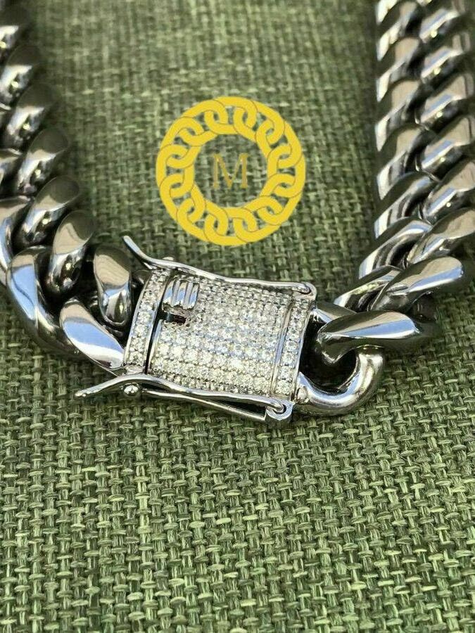 Heavy Solid 925 Sterling Silver Men's Miami Cuban curb Chain Necklace Anti-Tarnish, 14mm wide 18"-26" Inch Hop with Moissanite Diamond Clasp