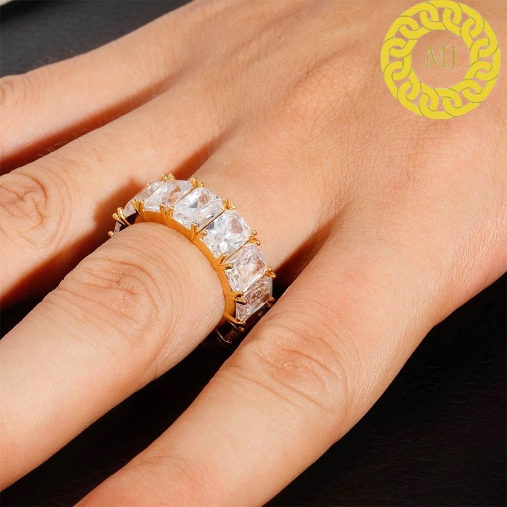 8mm 925 Sterling Silver Emerald Cut Baguette Eternity Ring VVS Moissanite Iced Out Rings,Icy infinity band, Rapper ring,Hiphop band