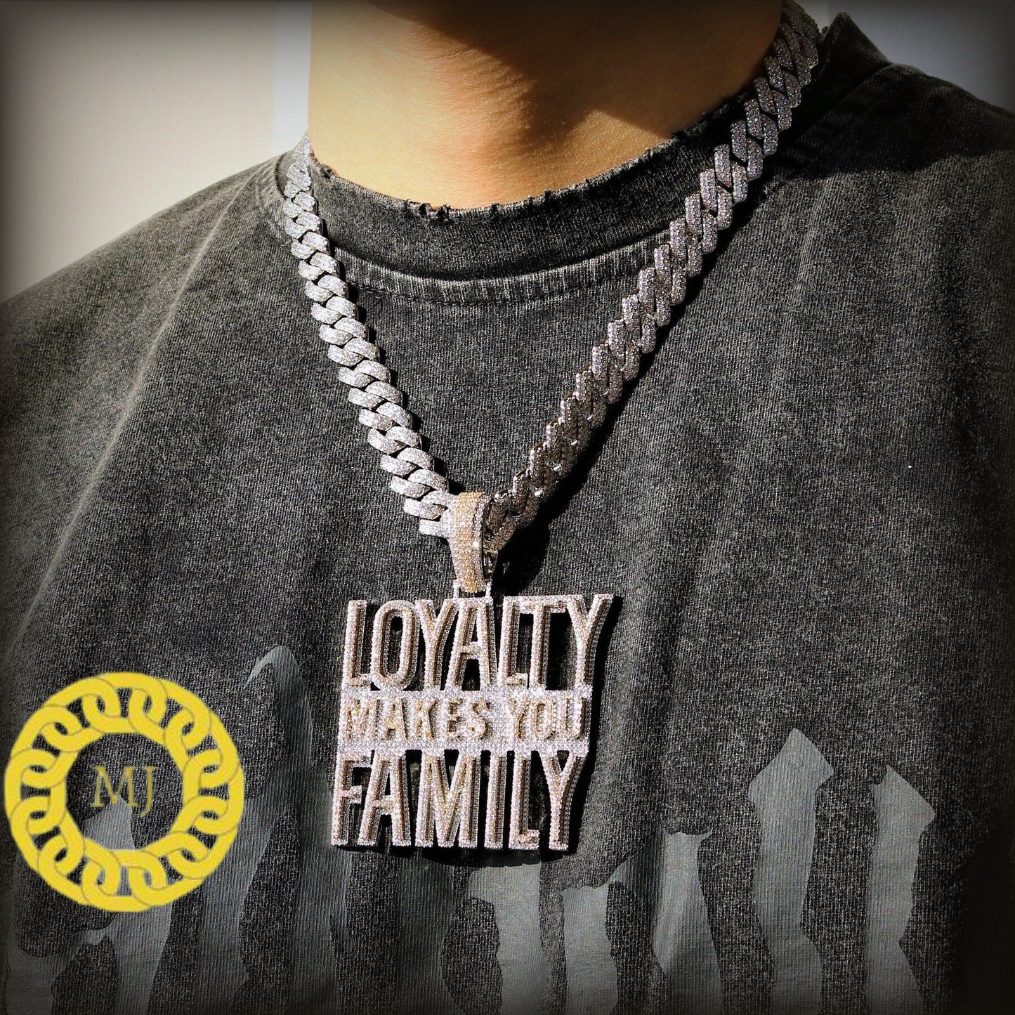 Full Icedout loyalty Makes You Family Necklace , 14k Gold Finish Moissanite Diamond Hip Hop Charm Pendant in 925 silver w/ Rope Chain,
