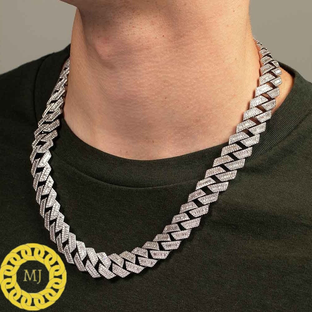 Heavy Solid 925 Sterling Silver Men's VVS1 Moissanite Baguette Studded Cuban Chain,Icedout Rapper chains,18mm wide, Quality Box Clasp