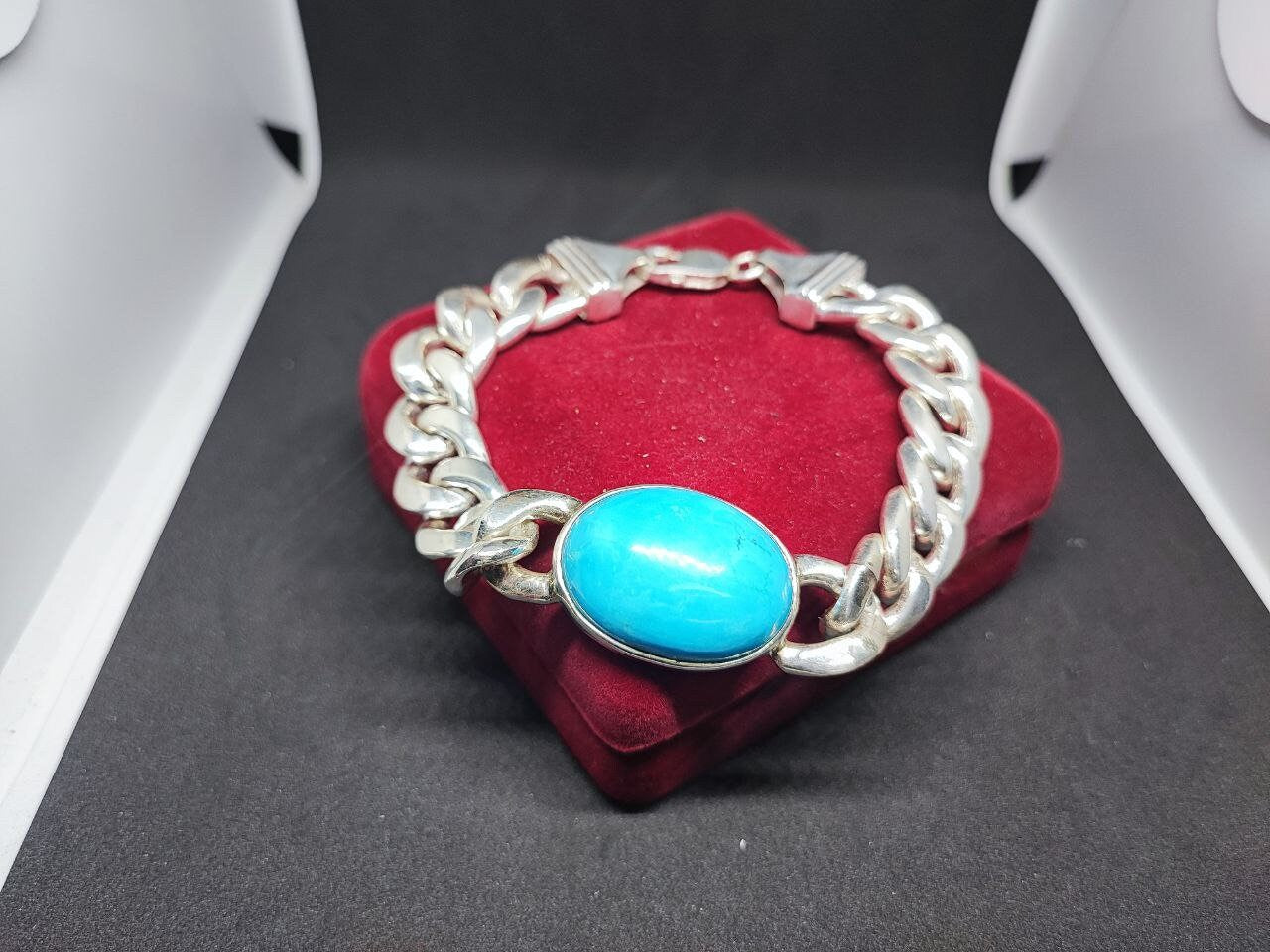 turquoise Cuban Chain Bracelet, 925 Sterling Silver Cabochon Men's Jewelry December Birthstone,heavy Cuban silver Bracelet,Gifts for him