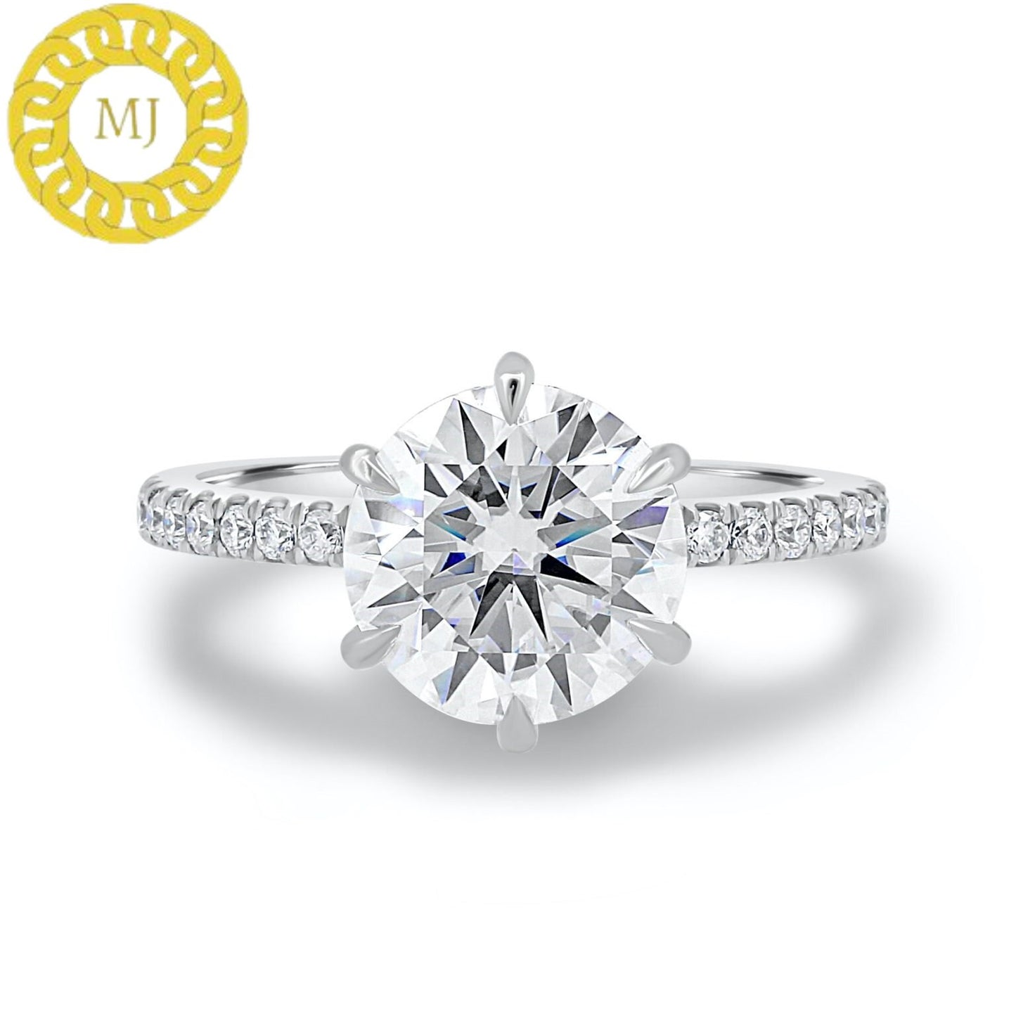 stunning 10mm Round cut Moissanite Diamond ring in 6 claw setting with a gorgeous wrap around Hidden Halo,finished by 2mm Pavé band