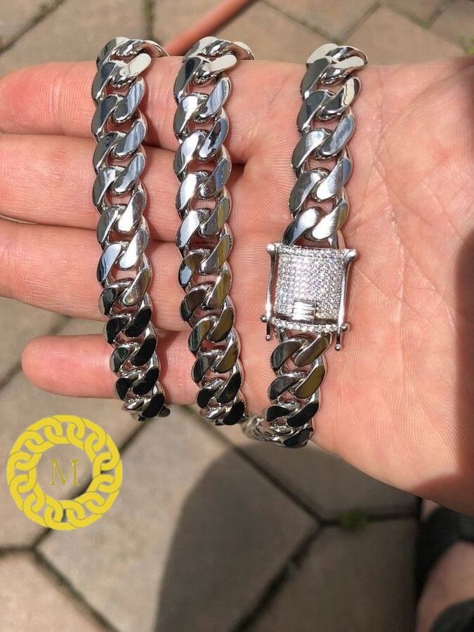 12mm Moissanite Miami Cuban Link Chain | Solid 925 Sterling Silver Moissanite Clasp | GRA certified VVS1 D Colour