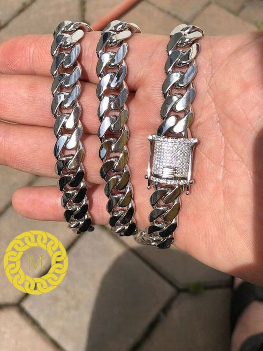 12mm Moissanite Miami Cuban Link Chain | Solid 925 Sterling Silver Moissanite Clasp | GRA certified VVS1 D Colour