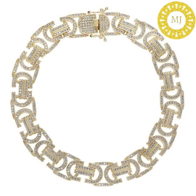 Heavy Solid 925 Sterling Silver | VVS1 Moissanite Diamonds Studded 12 mm flat Byzantine Bracelet | 18k Gold plated Iced Out Bracelet