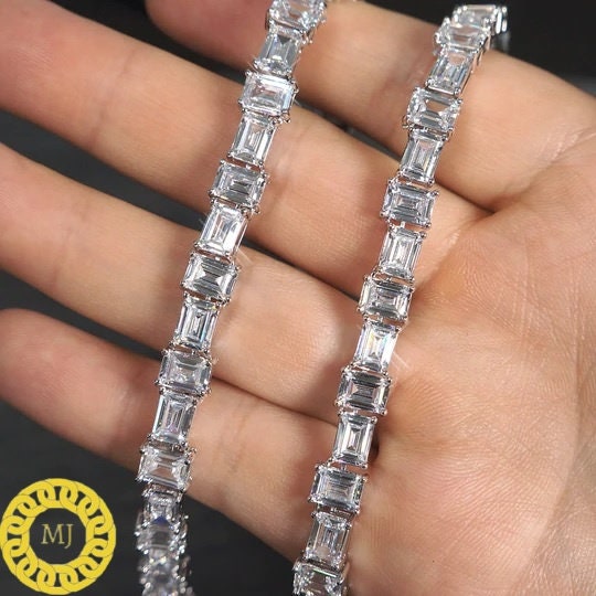 Iced Out Emerald cut Moissanite Tennis chain , Men/women tennis Necklace Bling Hip hop, 925 Solid Silver Tennis Necklace, Gift for him her