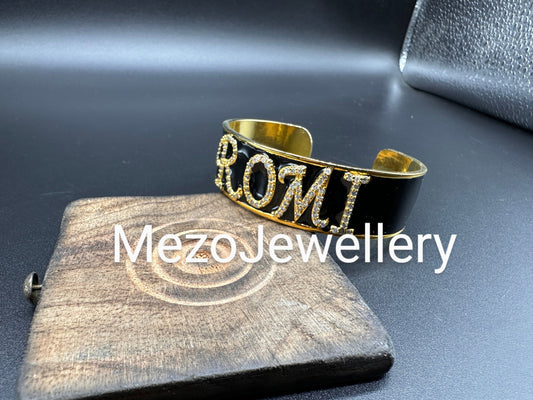 18ct Gold Custom Initial Bracelet, 925 Silver Personalised Enamel Handmade With Names,20mm,Heavy Bangle, Birthday Birthday, Valentines gift