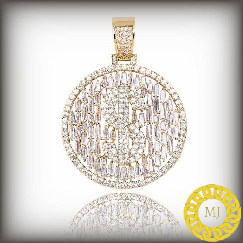 Men's Solid 925 Sterling Silver Iced Out Dollar Sign Money Pendant Baguette Diamond* Hip Hop Rapper Chain Necklace 16" - 30" Rope chain 4 mm