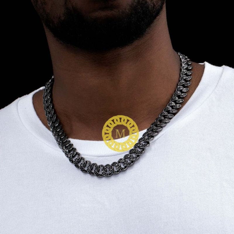 12mm Black VVS1 Quality Moissanite Cuban chain | 925 Solid Sterling Silver | Silver Oxidised | Cuban Curb Link Chain | Special Box Closure